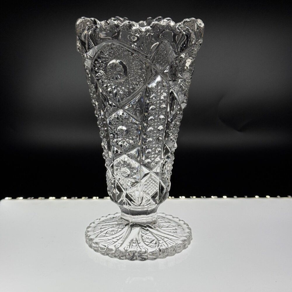 Vintage Eapg Pressed Glass Trumpet Vase Pedestal Footed Hobstar Pinwheel 7.5